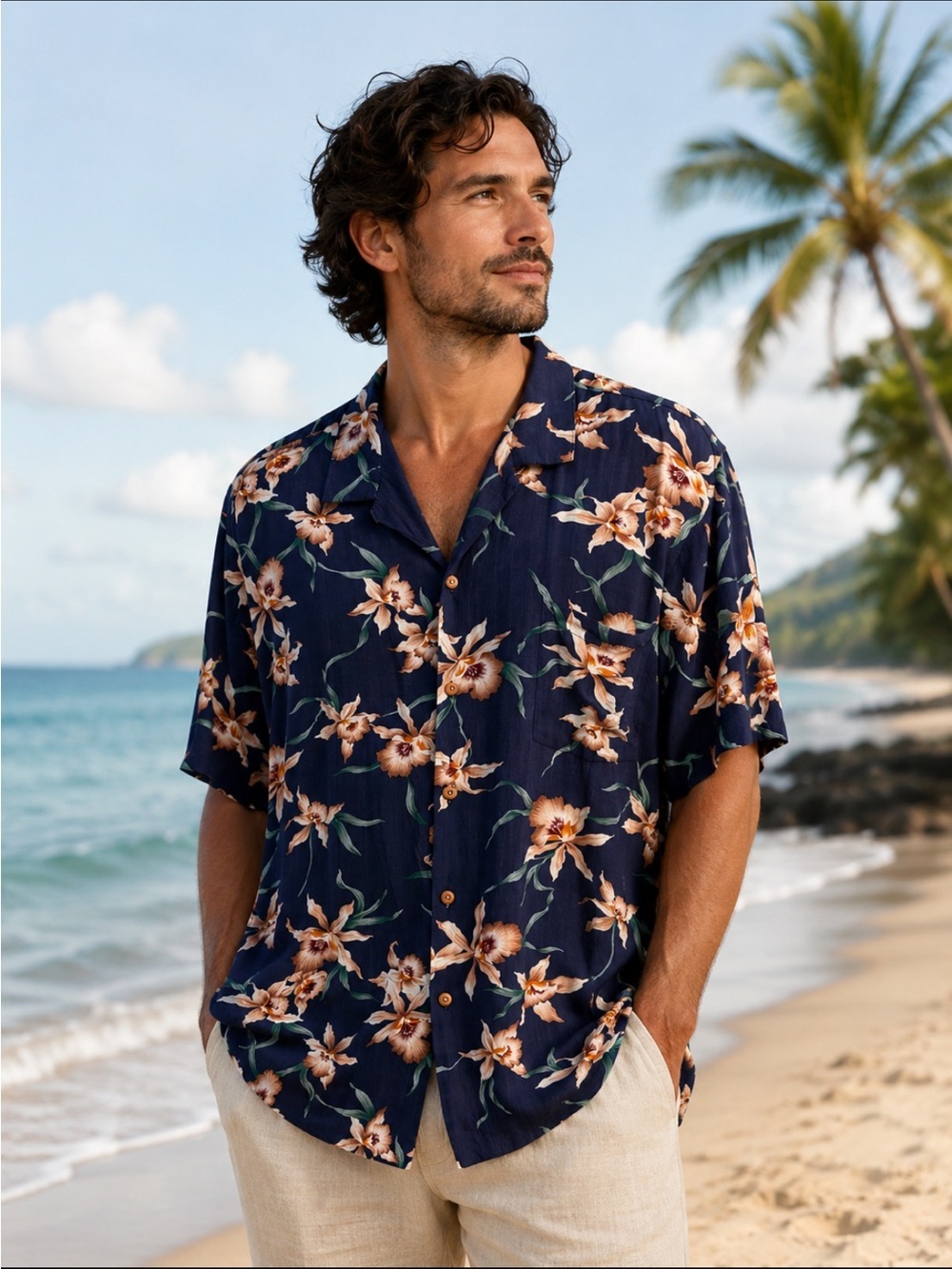 Paradise Found Men's Hawaiian Shirt - Star Orchid Navy
